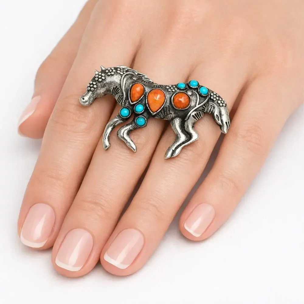 Spiny Oyster Turquoise Wild Horse Ring Sterling Silver Size 9 Boho For Her .925